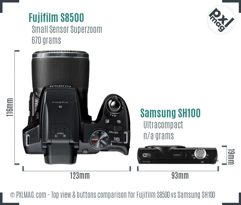 Fujifilm S8500 vs Samsung SH100 top view buttons comparison