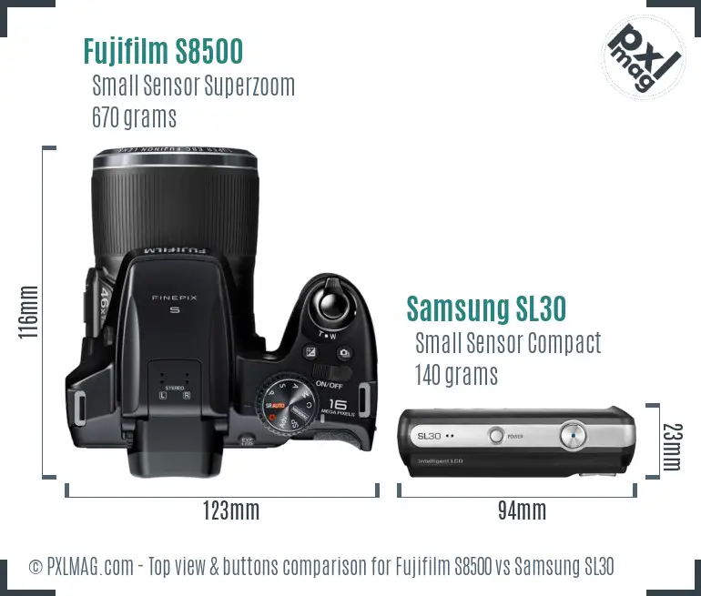 Fujifilm S8500 vs Samsung SL30 top view buttons comparison Fujifilm S8500 vs Samsung SL30 top view buttons comparison