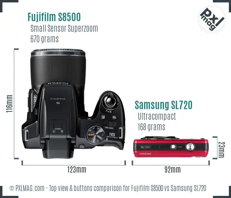 Fujifilm S8500 vs Samsung SL720 top view buttons comparison
