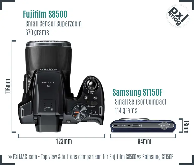 Fujifilm S8500 vs Samsung ST150F top view buttons comparison Fujifilm S8500 vs Samsung ST150F top view buttons comparison