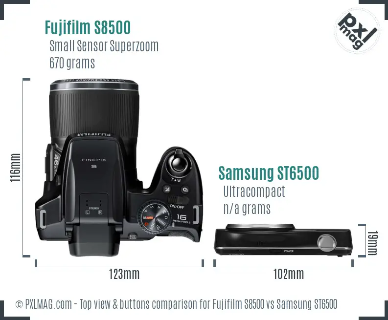 Fujifilm S8500 vs Samsung ST6500 top view buttons comparison