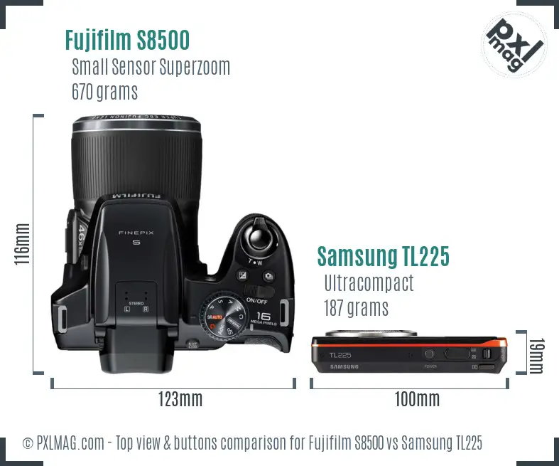 Fujifilm S8500 vs Samsung TL225 top view buttons comparison Fujifilm S8500 vs Samsung TL225 top view buttons comparison