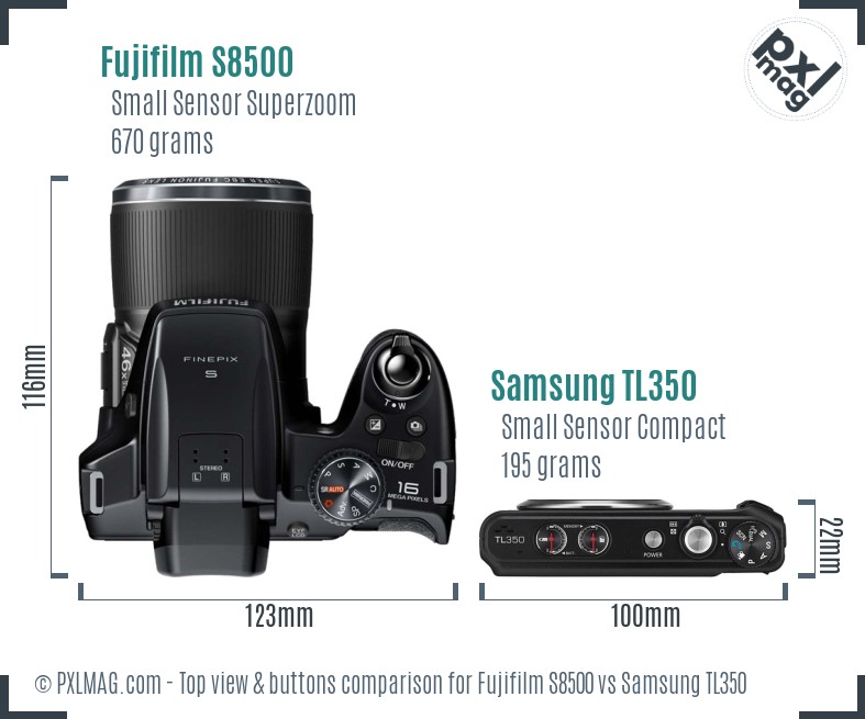 Fujifilm S8500 vs Samsung TL350 top view buttons comparison