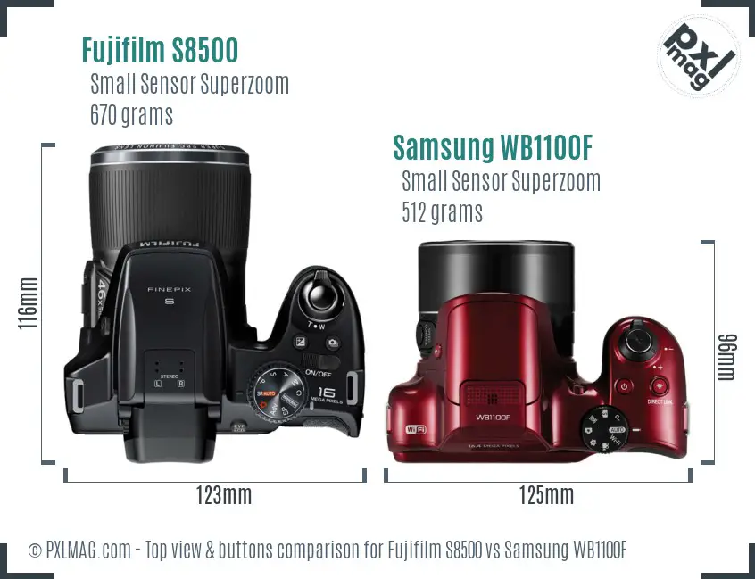 Fujifilm S8500 vs Samsung WB1100F top view buttons comparison