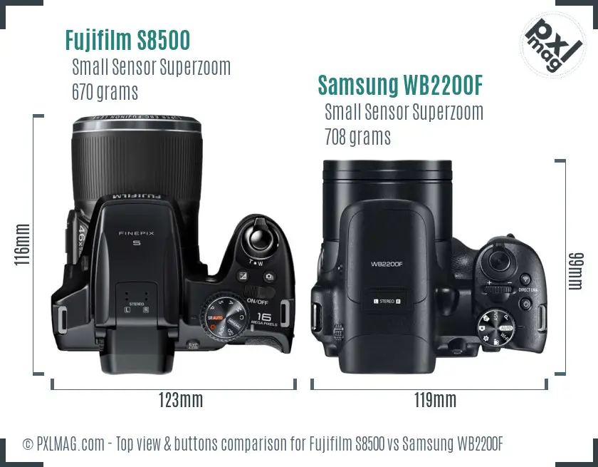 Fujifilm S8500 vs Samsung WB2200F top view buttons comparison Fujifilm S8500 vs Samsung WB2200F top view buttons comparison