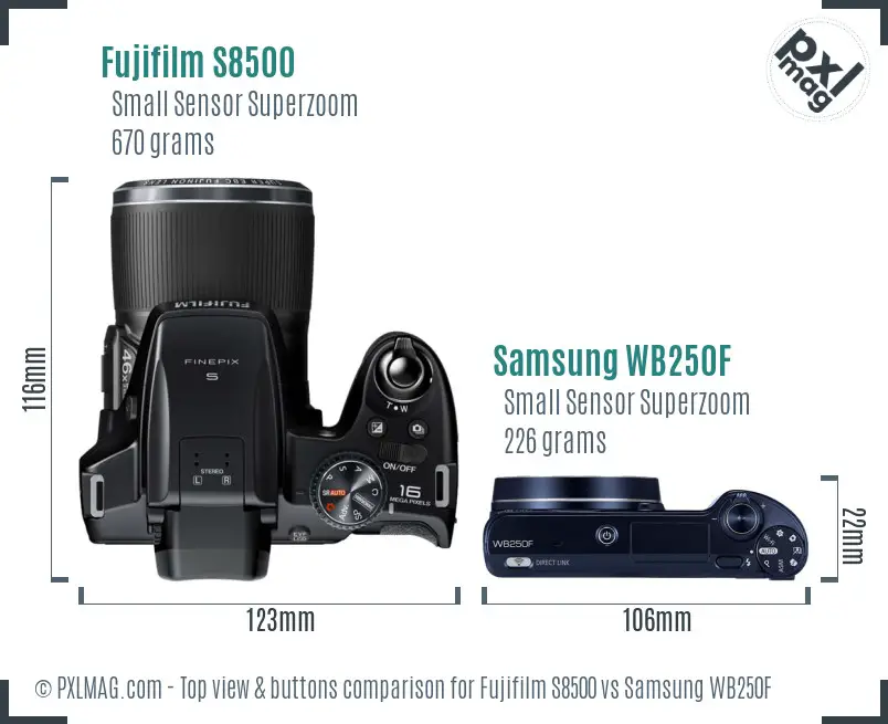 Fujifilm S8500 vs Samsung WB250F top view buttons comparison