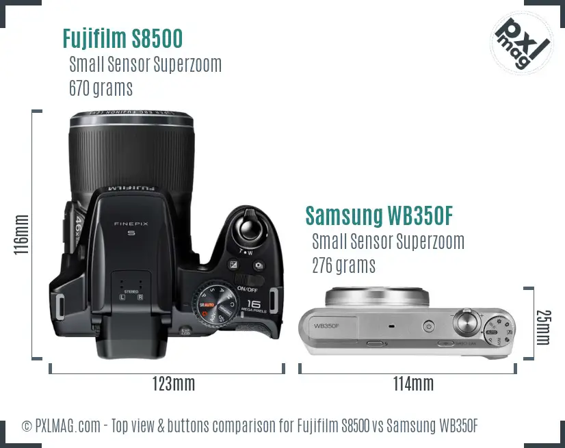 Fujifilm S8500 vs Samsung WB350F top view buttons comparison