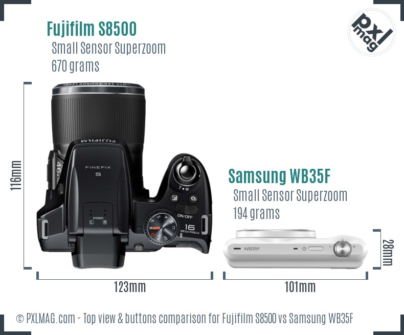 Fujifilm S8500 vs Samsung WB35F top view buttons comparison