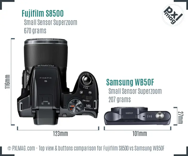 Fujifilm S8500 vs Samsung WB50F top view buttons comparison