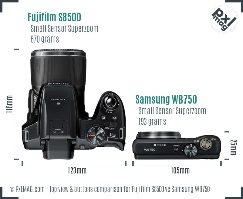 Fujifilm S8500 vs Samsung WB750 top view buttons comparison