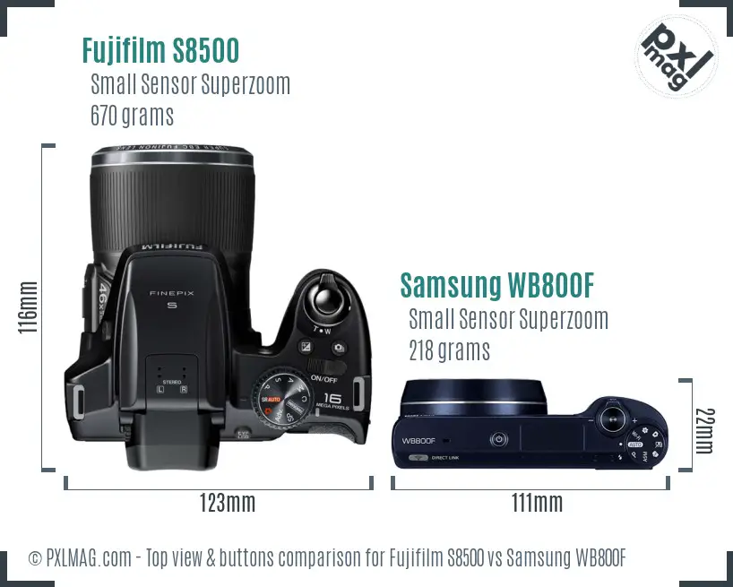 Fujifilm S8500 vs Samsung WB800F top view buttons comparison