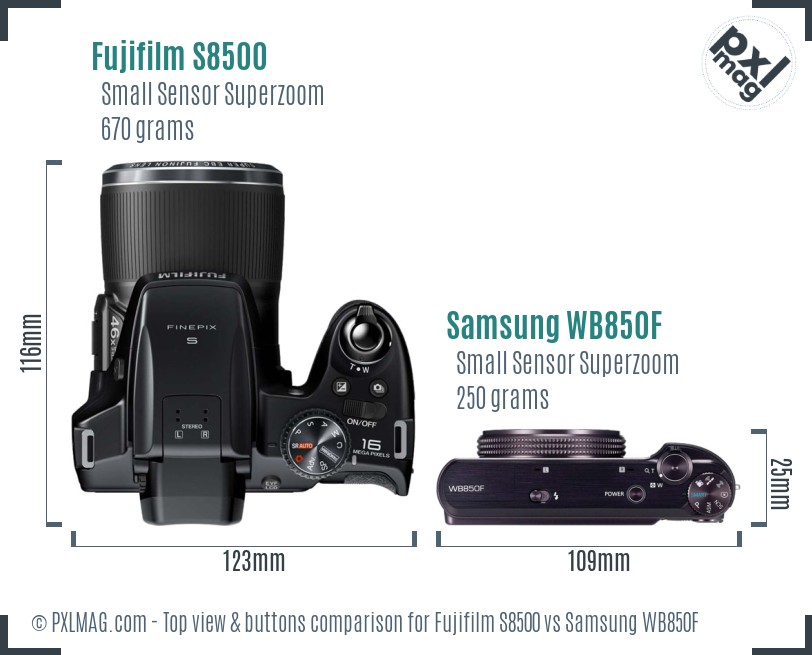 Fujifilm S8500 vs Samsung WB850F top view buttons comparison