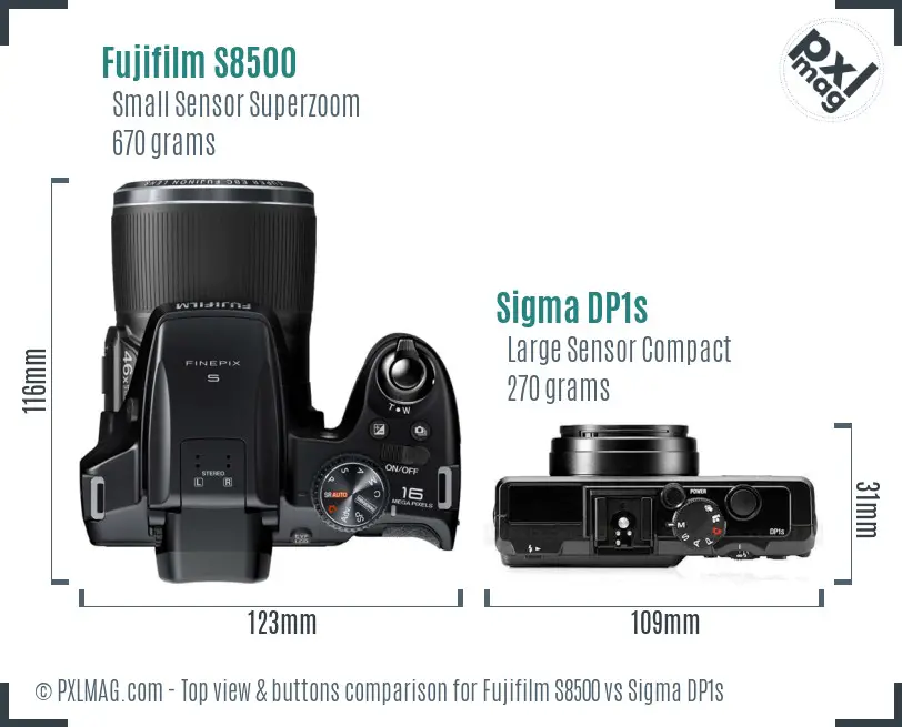 Fujifilm S8500 vs Sigma DP1s top view buttons comparison