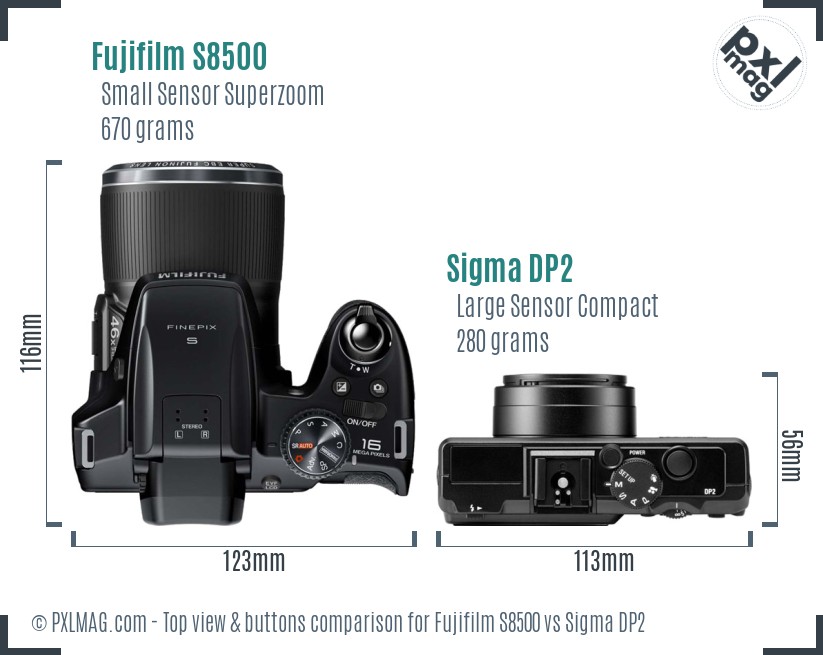 Fujifilm S8500 vs Sigma DP2 top view buttons comparison