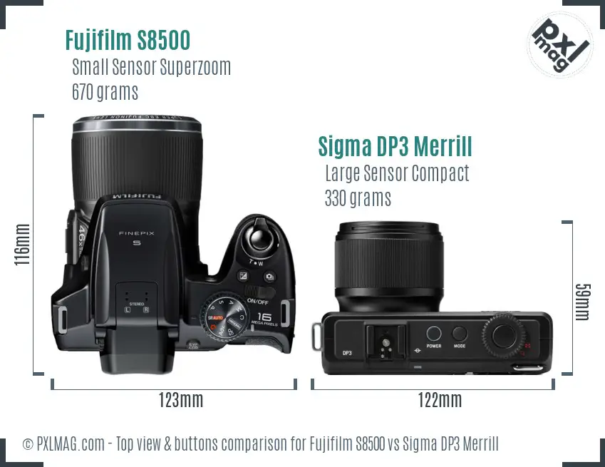 Fujifilm S8500 vs Sigma DP3 Merrill top view buttons comparison Fujifilm S8500 vs Sigma DP3 Merrill top view buttons comparison