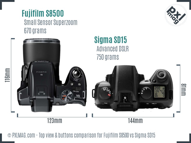 Fujifilm S8500 vs Sigma SD15 top view buttons comparison
