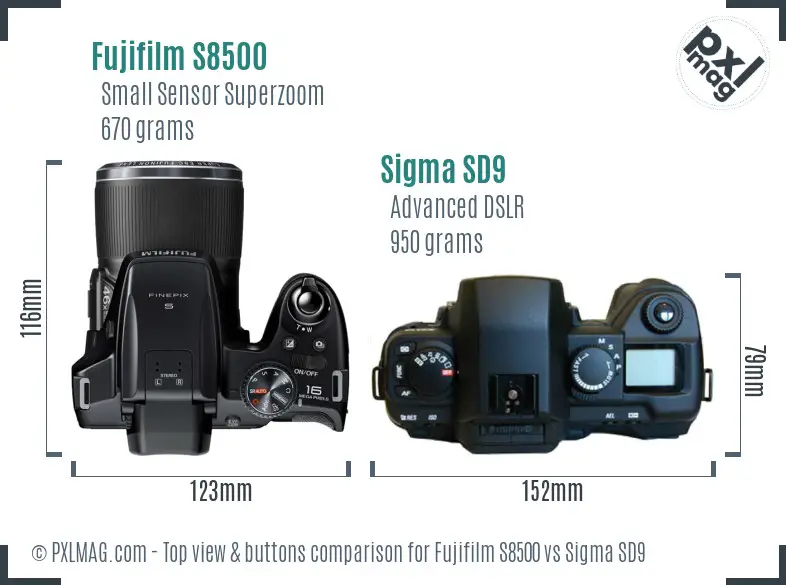 Fujifilm S8500 vs Sigma SD9 top view buttons comparison