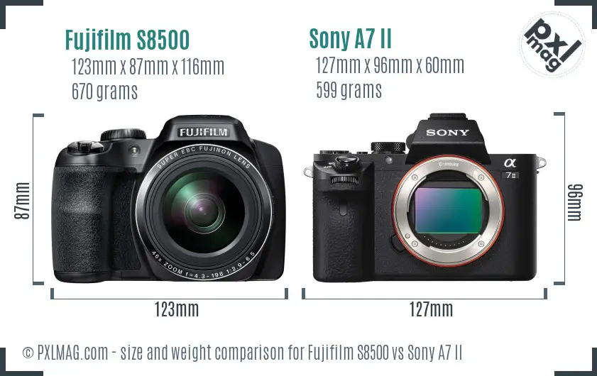 Fujifilm S8500 vs Sony A7 II size comparison