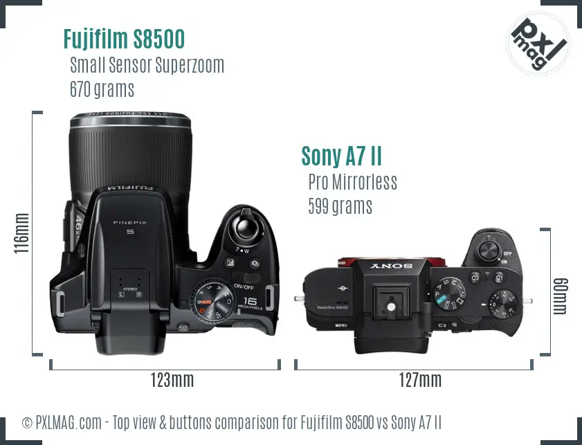 Fujifilm S8500 vs Sony A7 II top view buttons comparison