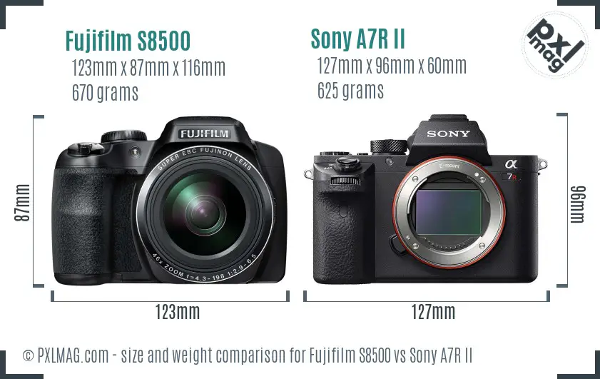 Fujifilm S8500 vs Sony A7R II size comparison