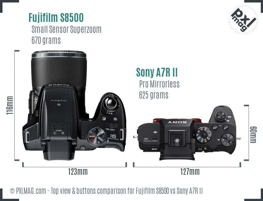 Fujifilm S8500 vs Sony A7R II top view buttons comparison