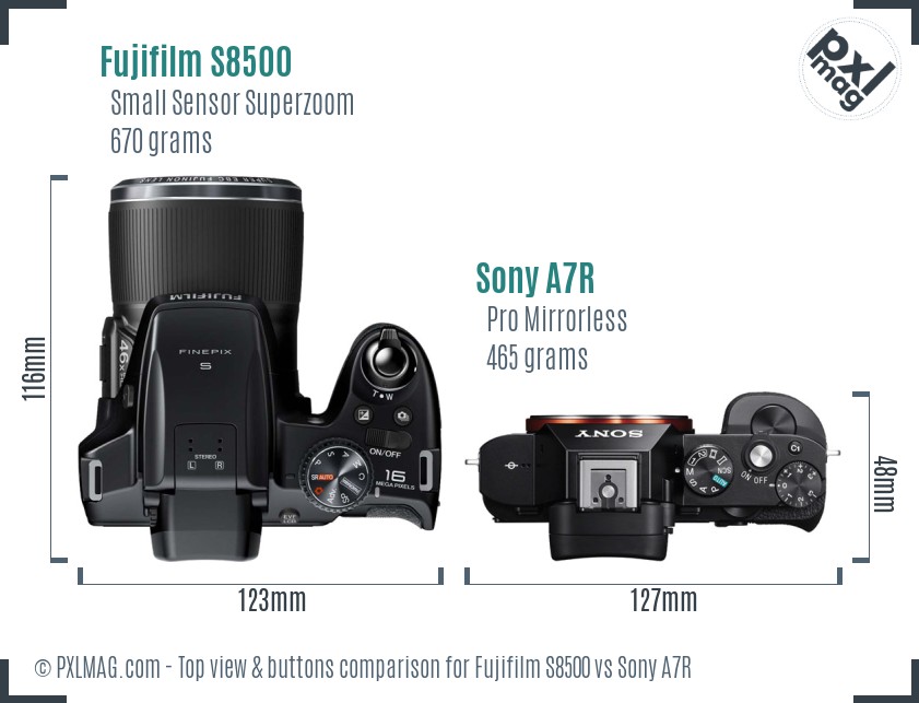 Fujifilm S8500 vs Sony A7R top view buttons comparison