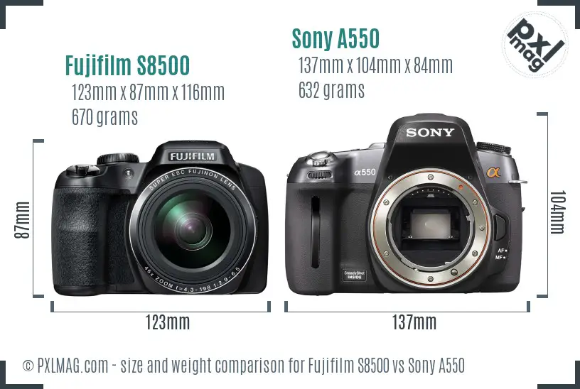 Fujifilm S8500 vs Sony A550 size comparison Fujifilm S8500 vs Sony A550 size comparison