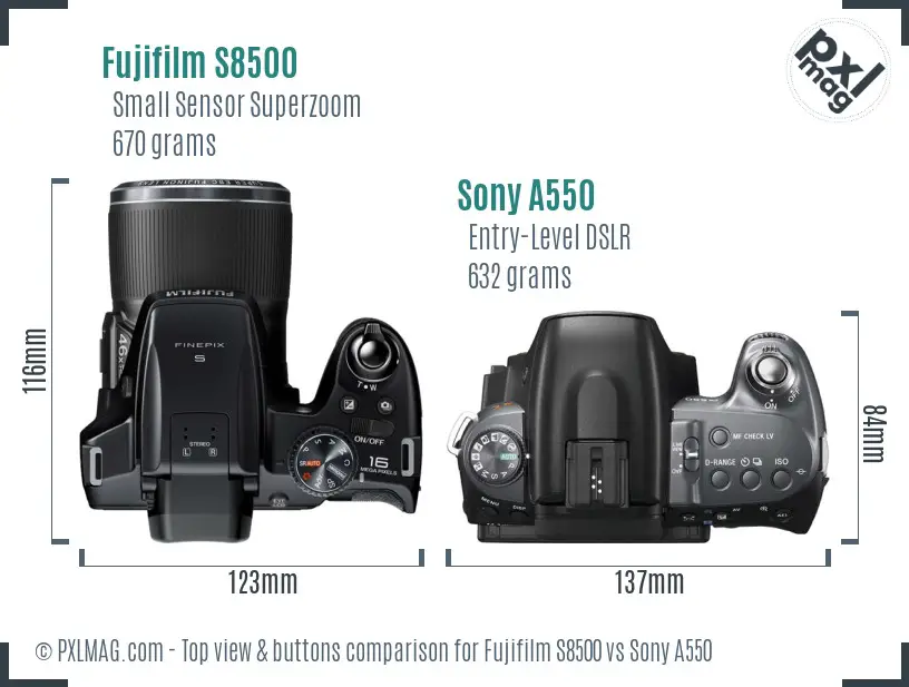 Fujifilm S8500 vs Sony A550 top view buttons comparison Fujifilm S8500 vs Sony A550 top view buttons comparison