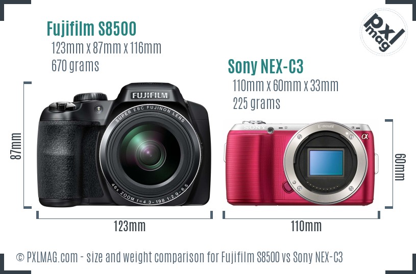 Fujifilm S8500 vs Sony NEX-C3 size comparison