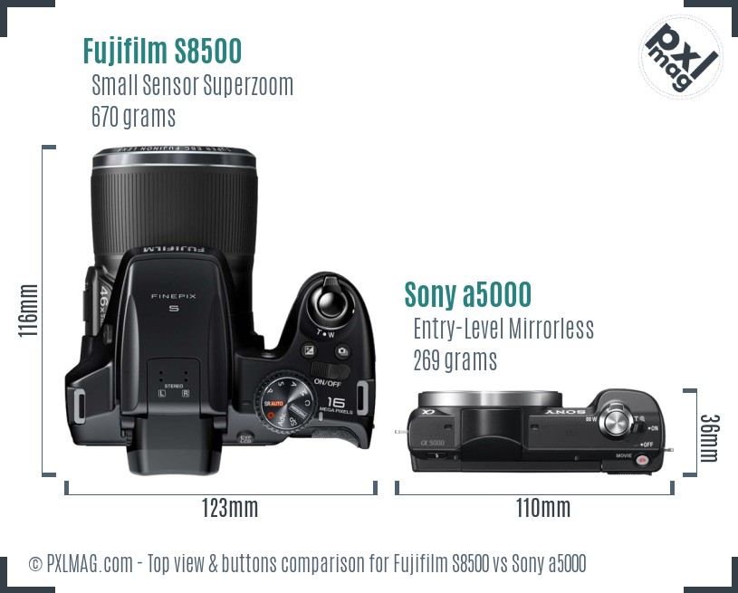 Fujifilm S8500 vs Sony a5000 top view buttons comparison
