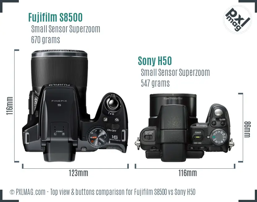 Fujifilm S8500 vs Sony H50 top view buttons comparison