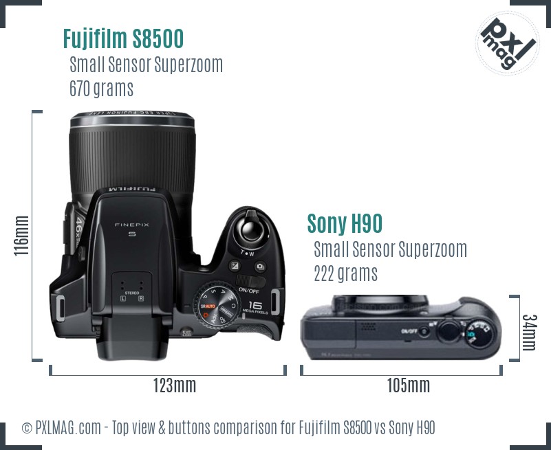 Fujifilm S8500 vs Sony H90 top view buttons comparison