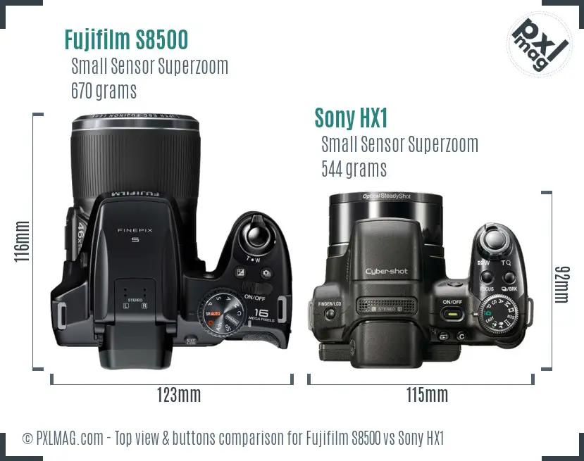 Fujifilm S8500 vs Sony HX1 top view buttons comparison