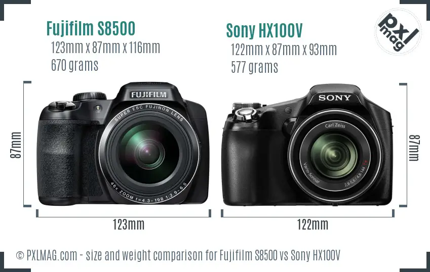 Fujifilm S8500 vs Sony HX100V size comparison