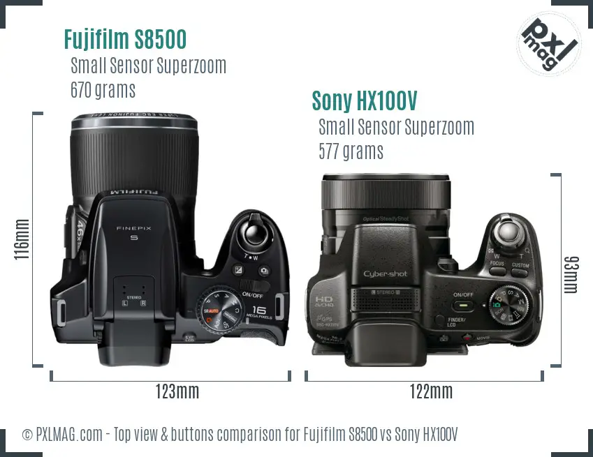 Fujifilm S8500 vs Sony HX100V top view buttons comparison