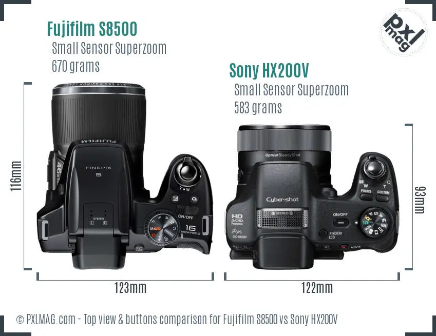 Fujifilm S8500 vs Sony HX200V top view buttons comparison