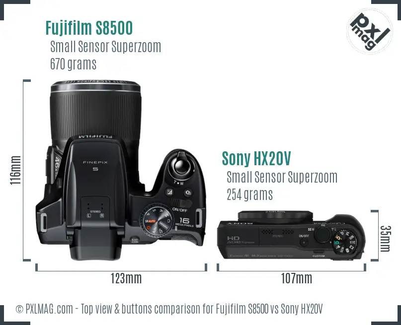 Fujifilm S8500 vs Sony HX20V top view buttons comparison