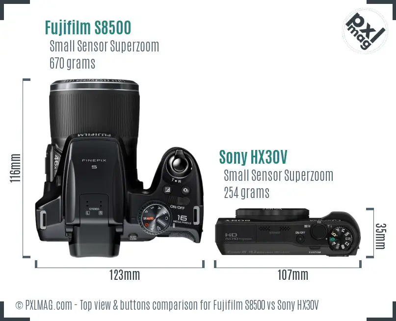 Fujifilm S8500 vs Sony HX30V top view buttons comparison