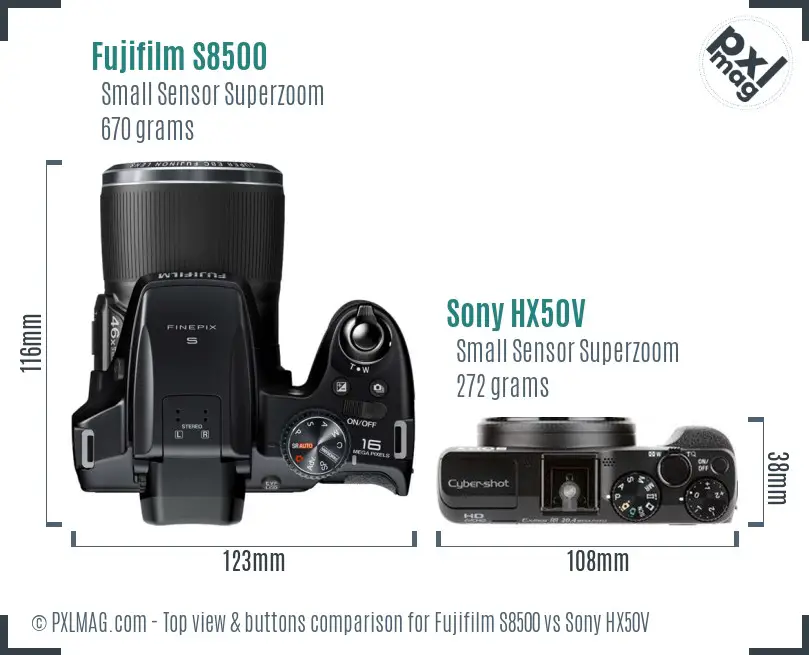 Fujifilm S8500 vs Sony HX50V top view buttons comparison