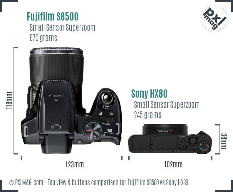 Fujifilm S8500 vs Sony HX80 top view buttons comparison