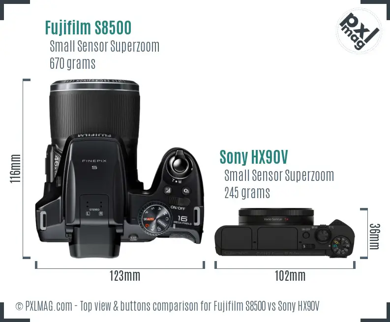 Fujifilm S8500 vs Sony HX90V top view buttons comparison