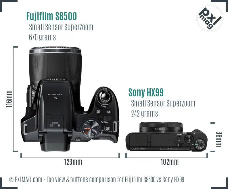Fujifilm S8500 vs Sony HX99 top view buttons comparison