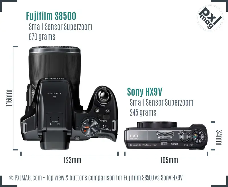Fujifilm S8500 vs Sony HX9V top view buttons comparison