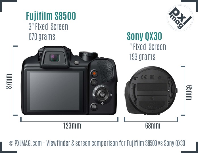 Fujifilm S8500 vs Sony QX30 Screen and Viewfinder comparison