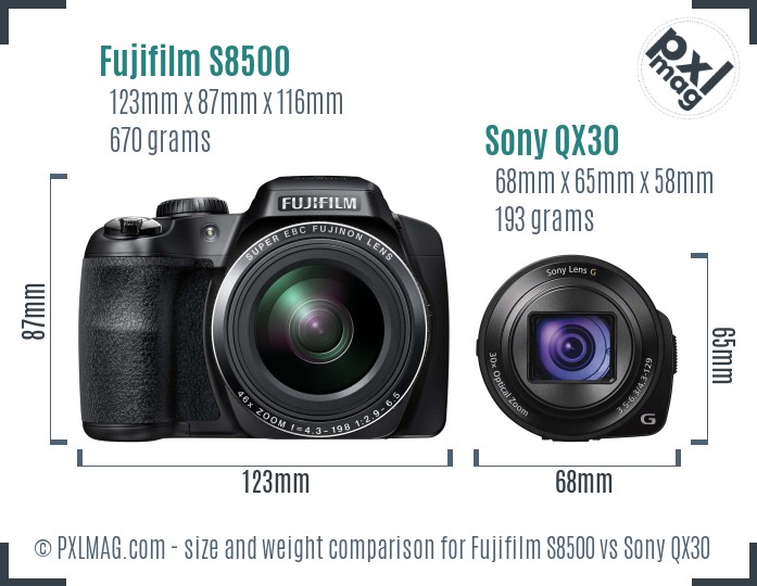 Fujifilm S8500 vs Sony QX30 size comparison Fujifilm S8500 vs Sony QX30 size comparison