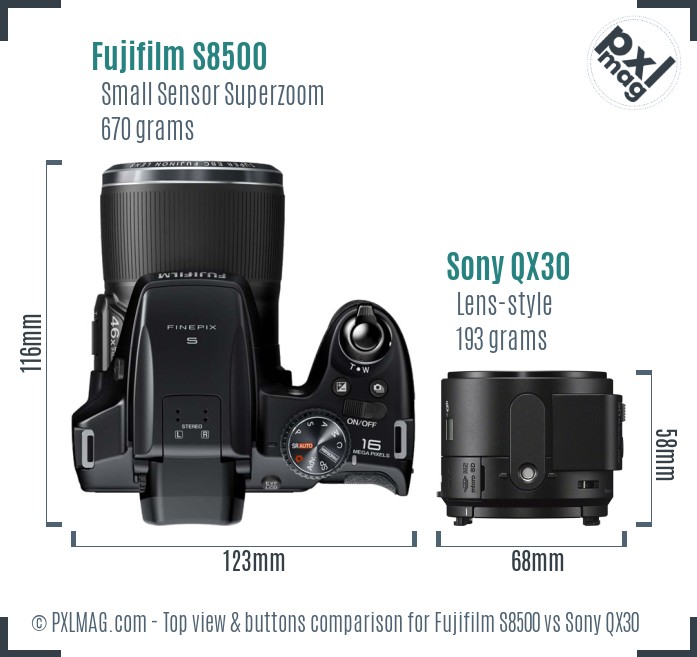 Fujifilm S8500 vs Sony QX30 top view buttons comparison