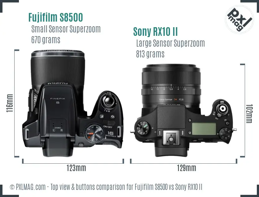 Fujifilm S8500 vs Sony RX10 II top view buttons comparison