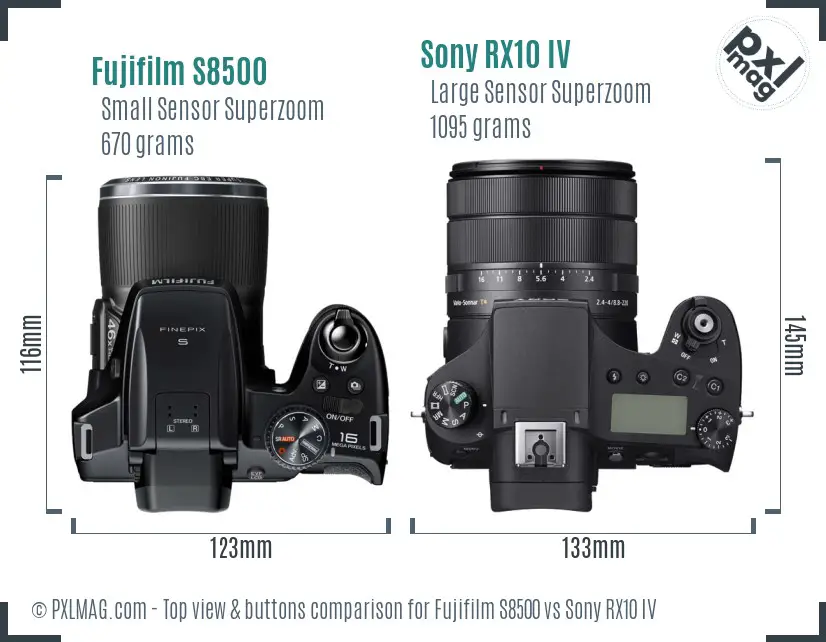 Fujifilm S8500 vs Sony RX10 IV top view buttons comparison