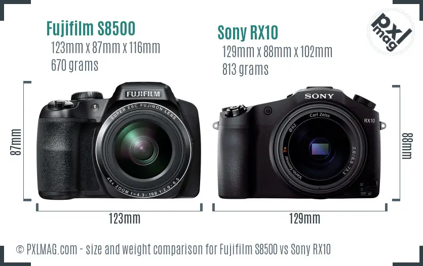 Fujifilm S8500 vs Sony RX10 size comparison