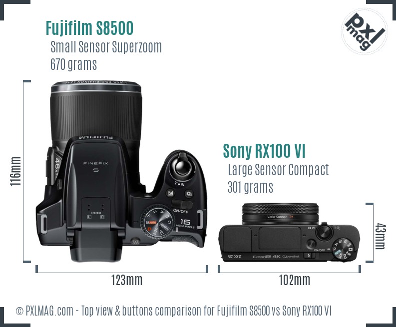 Fujifilm S8500 vs Sony RX100 VI top view buttons comparison